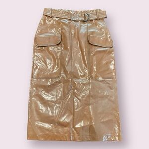 Topshop Faux Leather Vinyl Midi Skirt Tan High Waisted Size 6